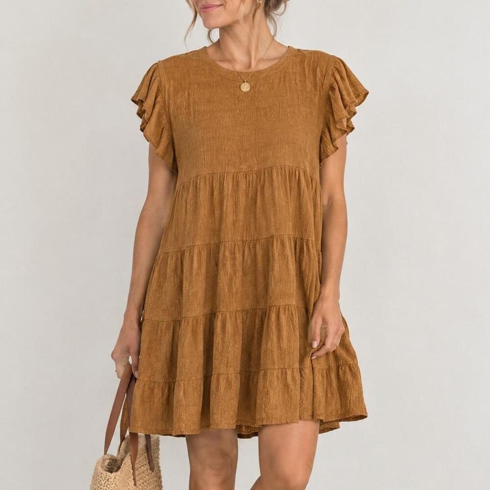 Vestique brown dress with ruffle